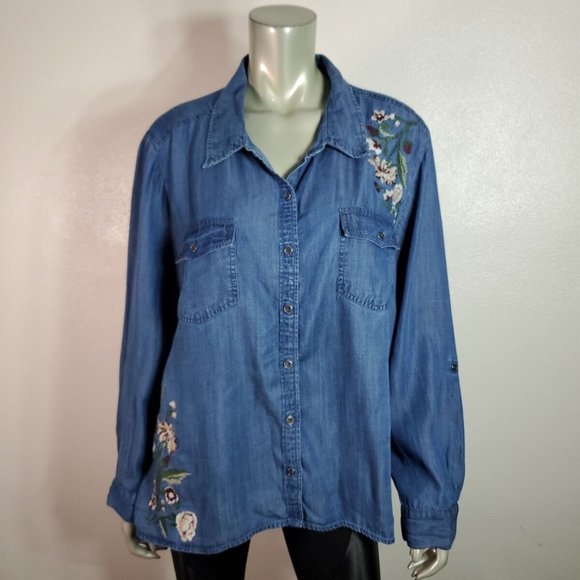 Style & Co Top Plus Size XXL Embroidered Lace Up Lyocell Pockets High Low Blue - Picture 2 of 7